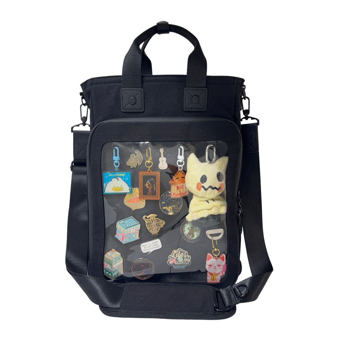 15" 3-Way Shapeshift Backpack Thick Cotton 2026 v10 Version - front window full of pins