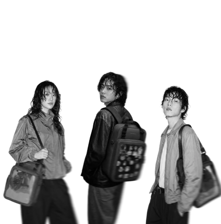 Three people wearing the 17" 4-Way ITA bag as a shoulder bag, backpack and crossbody
