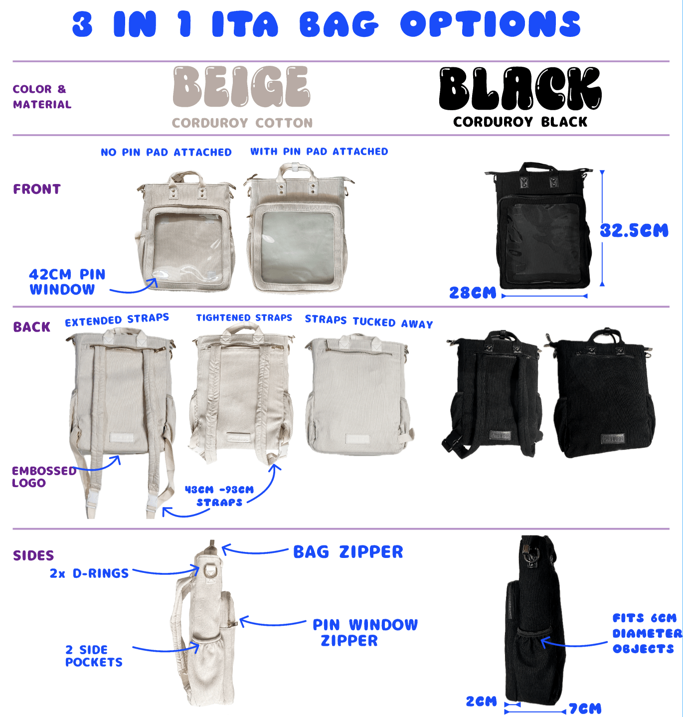 pinbuds Bags 3 in 1 Pin ITA Tote Backpack/Bag Corduroy (Black/Beige)