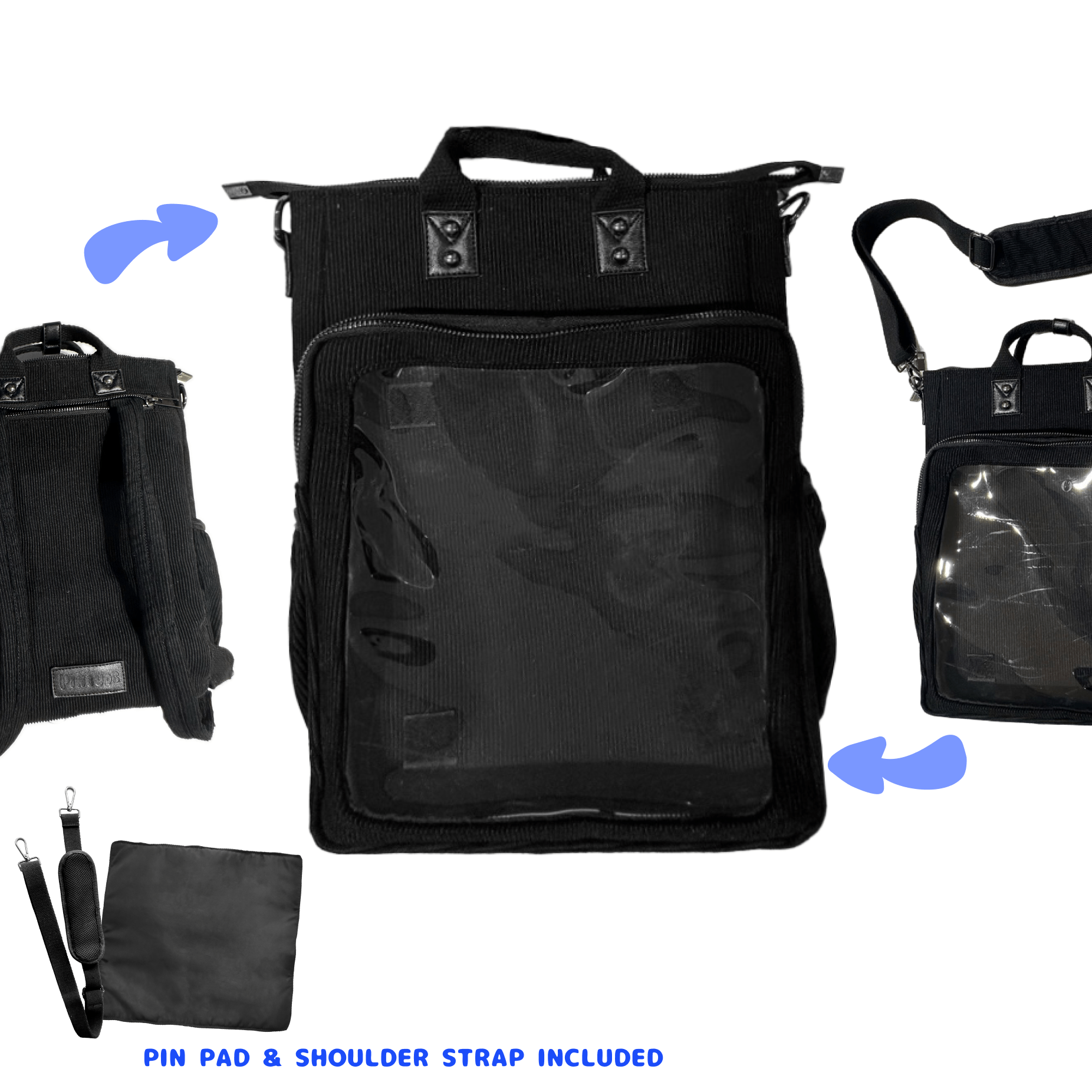 pinbuds Bags Black Corduroy 3 in 1 Pin ITA Tote Backpack/Bag Corduroy (Black)