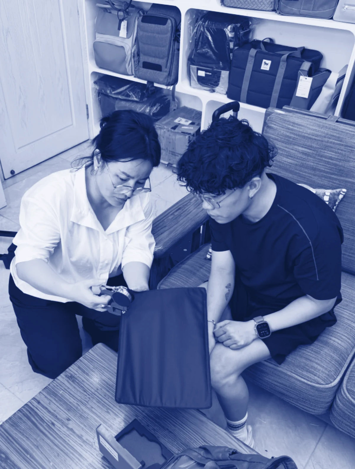 Checking a bag sample with our supplier