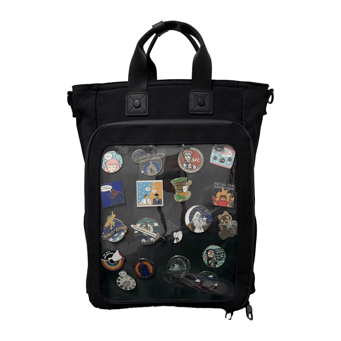 15" 3-Way Shapeshift Backpack Thick Cotton 2026 v10 Version (Pre-Order Oct 2026) - front window full of pins