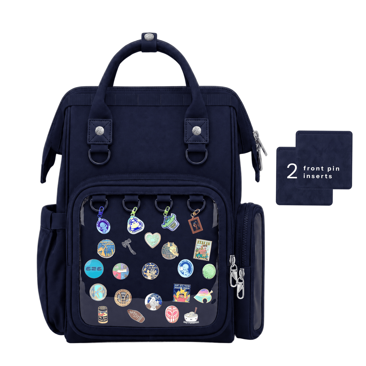 15″ Dual Window ITA backpack in navy with enamel pins and charms in the front window