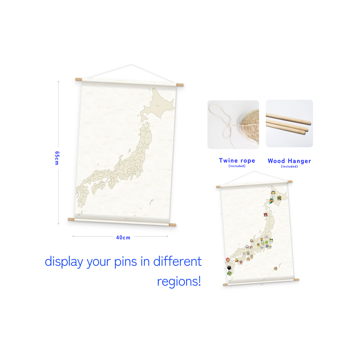 Japan Map Pin Display Banner by Pinbuds, fabric banner with wood hanger and twine rope, 40 x 65cm
