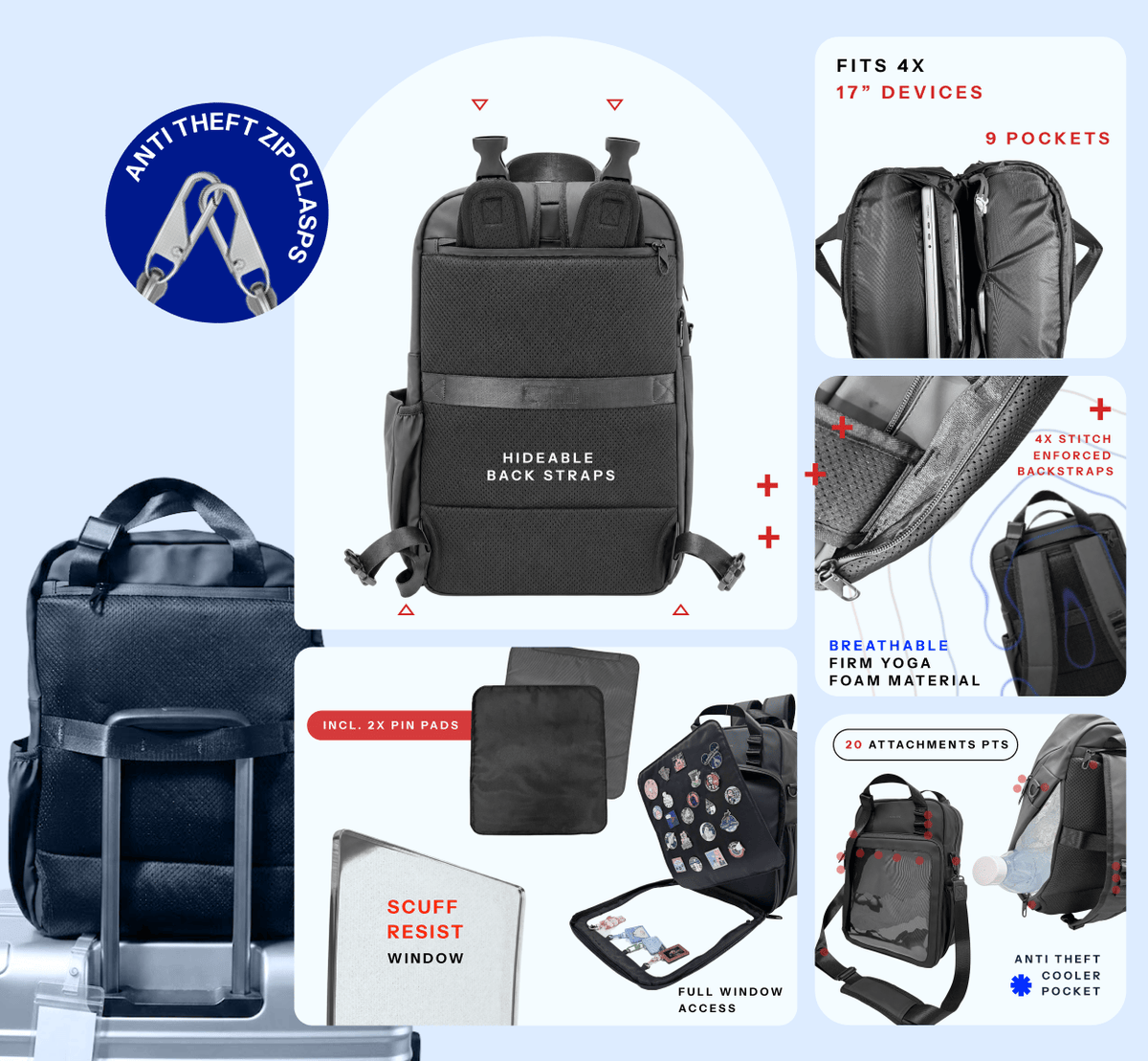Water-resistant 4-way ITA bag 17", black, feature overview with anti-theft zip clasps and 9 pockets