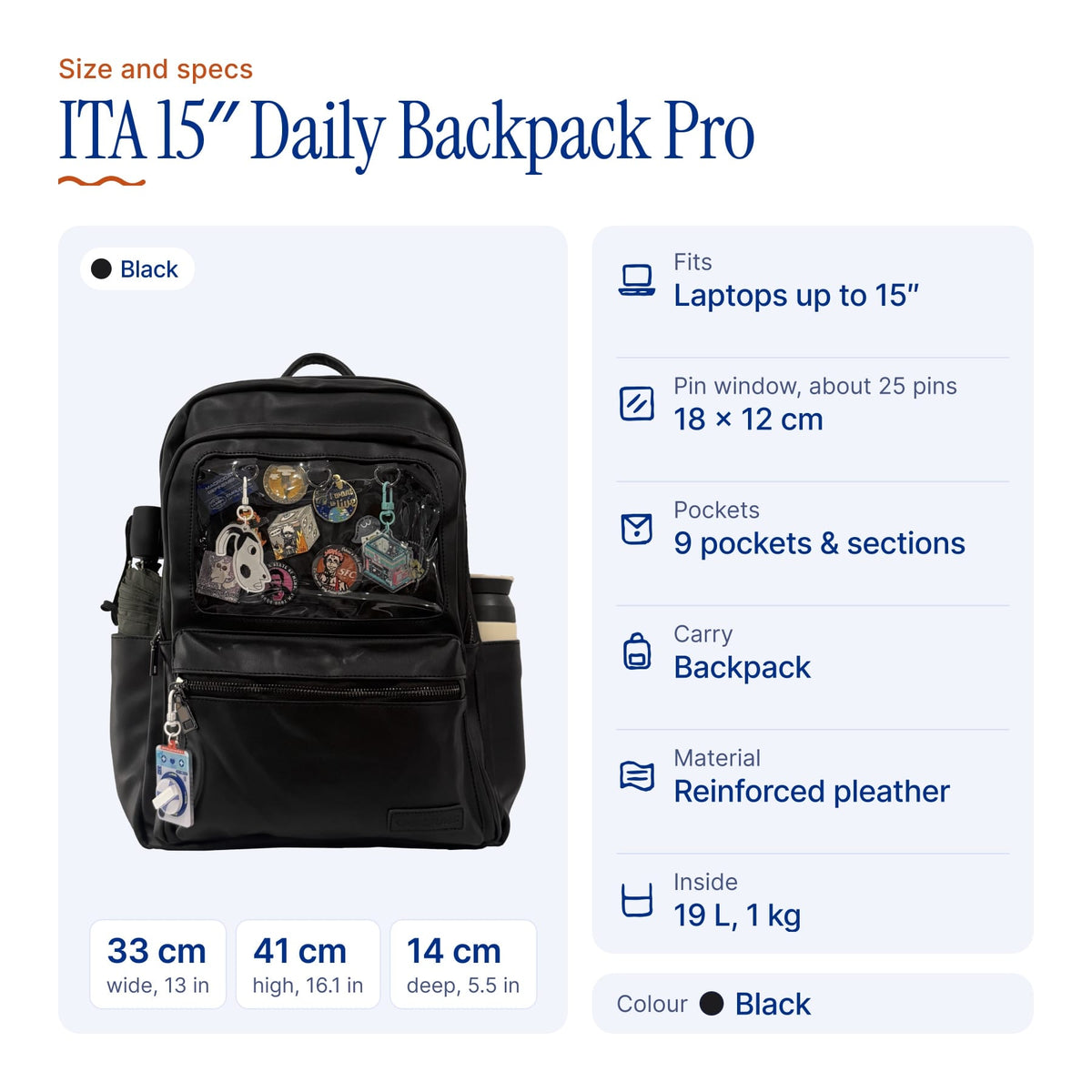 ITA 15" Daily Backpack Pro, size and specs