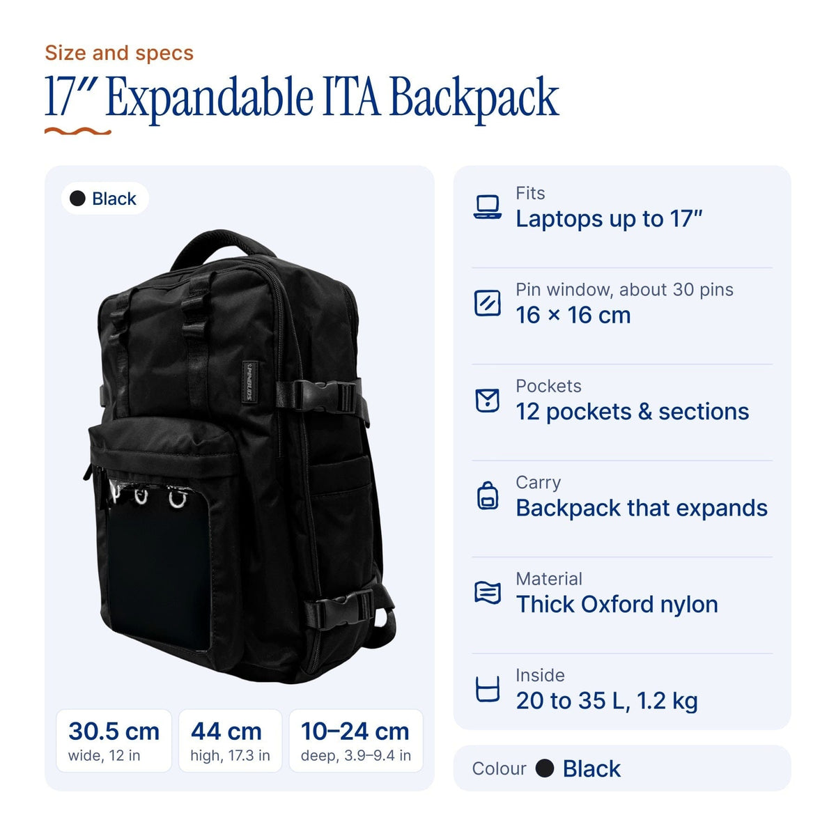 17" Expandable ITA Backpack, size and specs