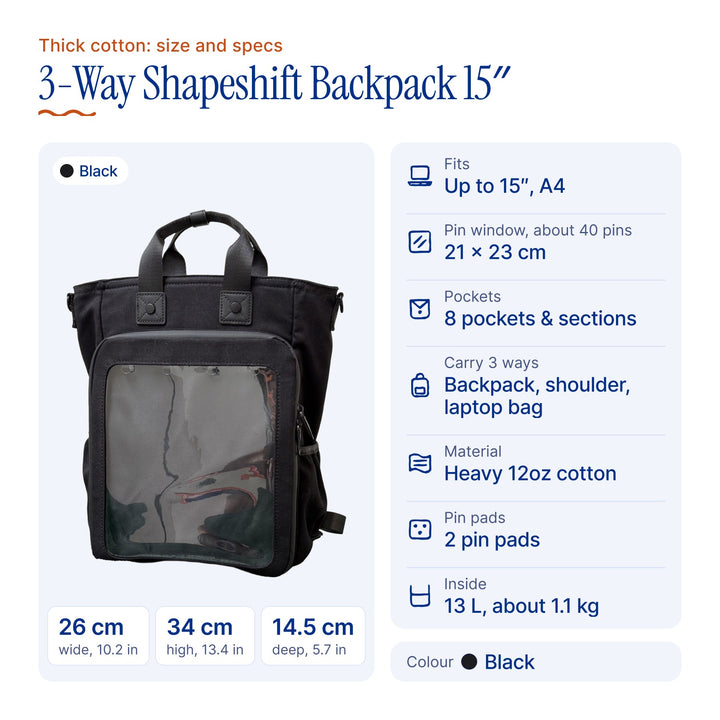 15" 3-Way Shapeshift Backpack Thick Cotton 2026 v10 Version, size and specs