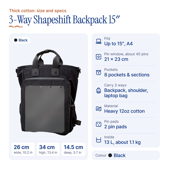 15" 3-Way Shapeshift Backpack Thick Cotton 2026 v10 Version, size and specs
