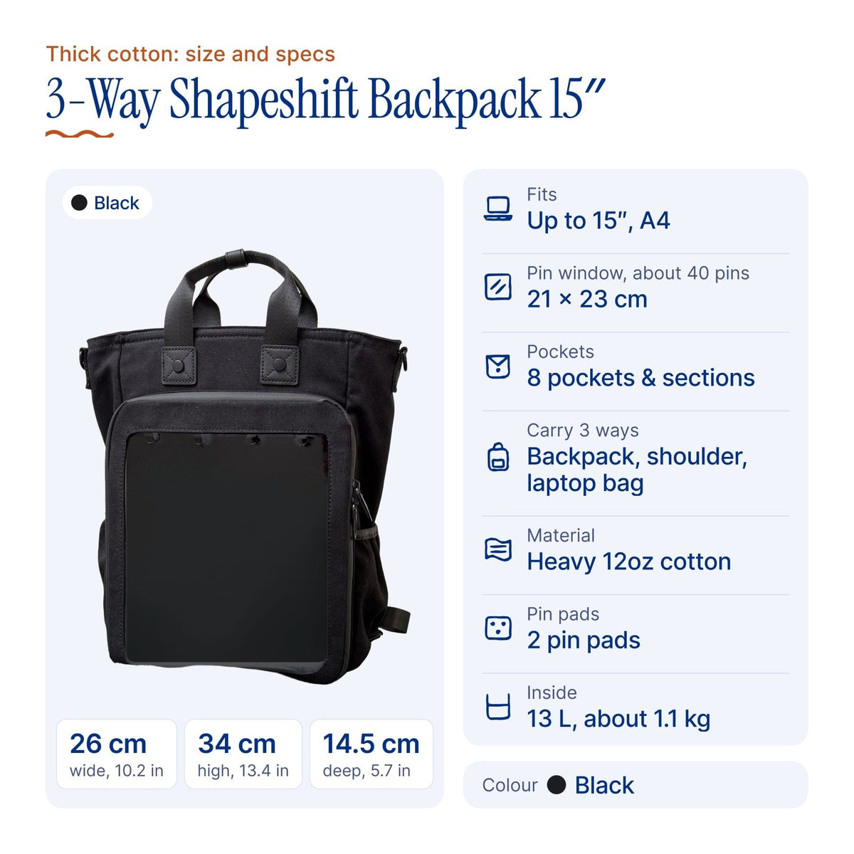15" 3-Way Shapeshift Backpack Thick Cotton 2026 v10 Version, size and specs