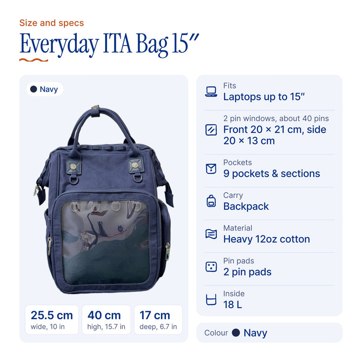 Everyday ITA Bag: 15" Anti-Theft Canvas Laptop Backpack + 2 Pin Inserts, size and specs