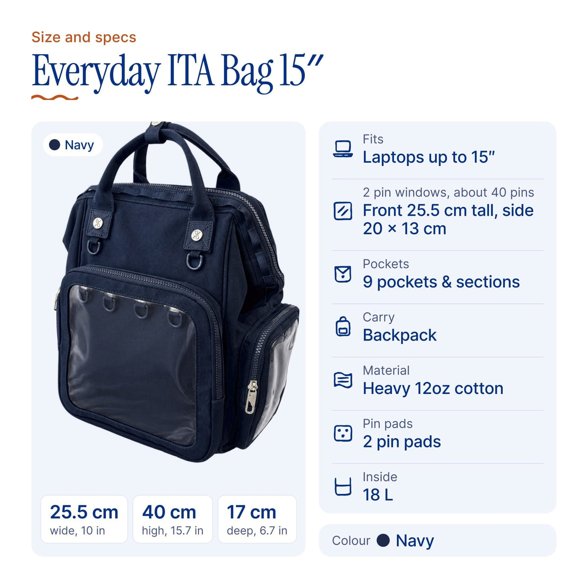 Everyday ITA Bag: 15" Anti-Theft Canvas Laptop Backpack + 2 Pin Inserts, size and specs