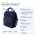 Everyday ITA Bag: 15" Anti-Theft Canvas Laptop Backpack + 2 Pin Inserts, size and specs