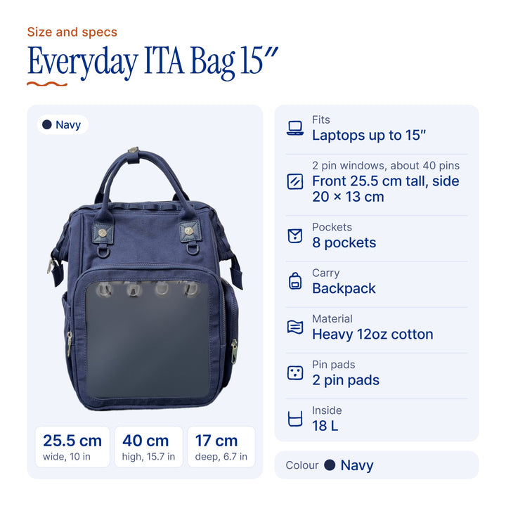 Everyday ITA Bag: 15" Anti-Theft Canvas Laptop Backpack + 2 Pin Inserts, size and specs