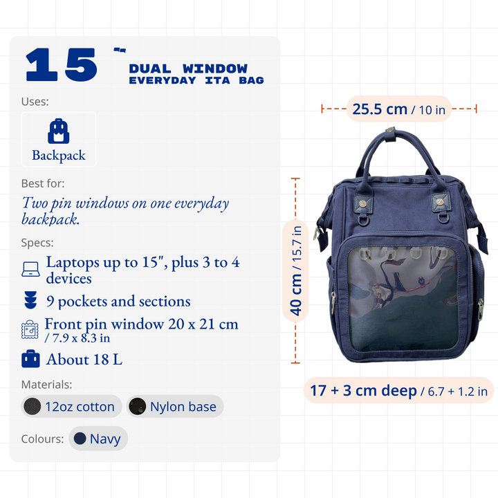 Everyday ITA Bag: 15" Anti-Theft Canvas Laptop Backpack + 2 Pin Inserts, size and specs