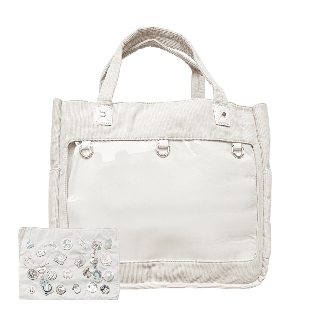 Corduroy ITA tote 17", beige, front with pin window and pin pad