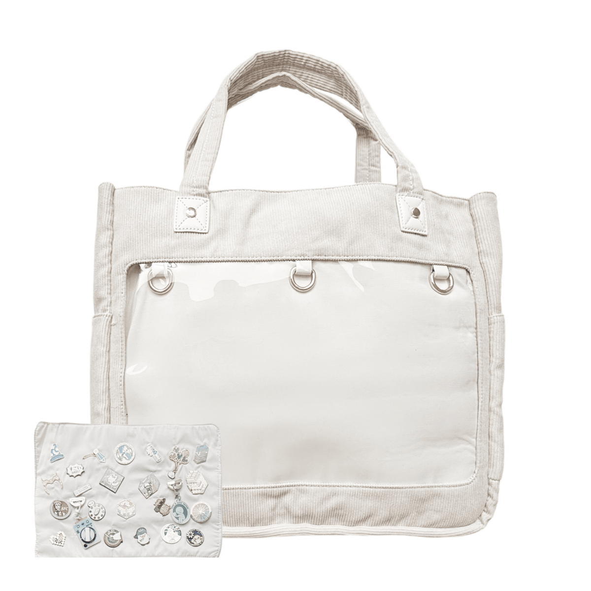 Corduroy ITA tote 17", beige, front with pin window and pin pad