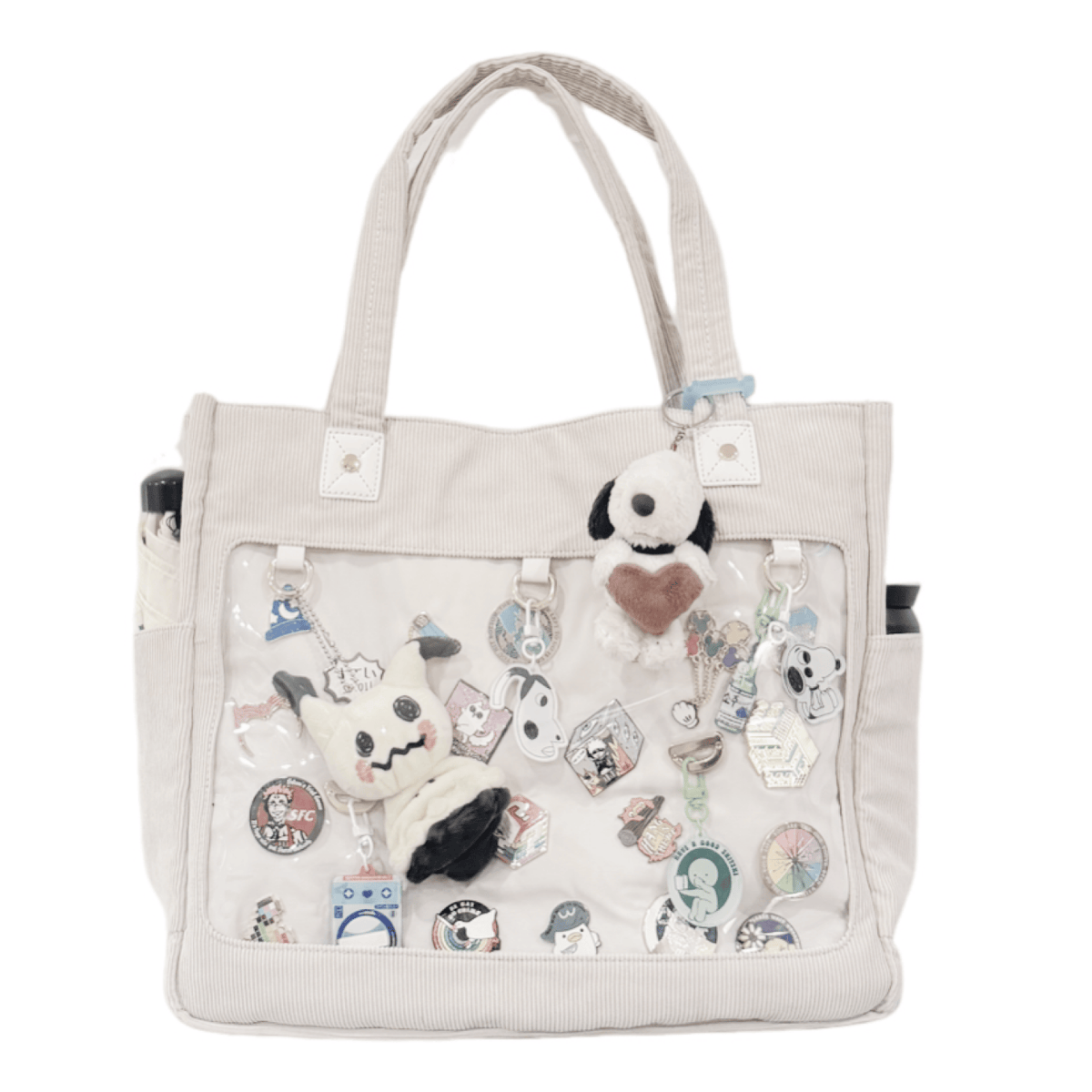 Corduroy ITA tote 17", beige, pin window filled with pins and a plush