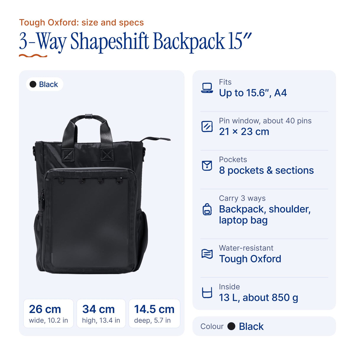 15" 3-Way Shapeshift Backpack V5 Tough Oxford (black), size and specs