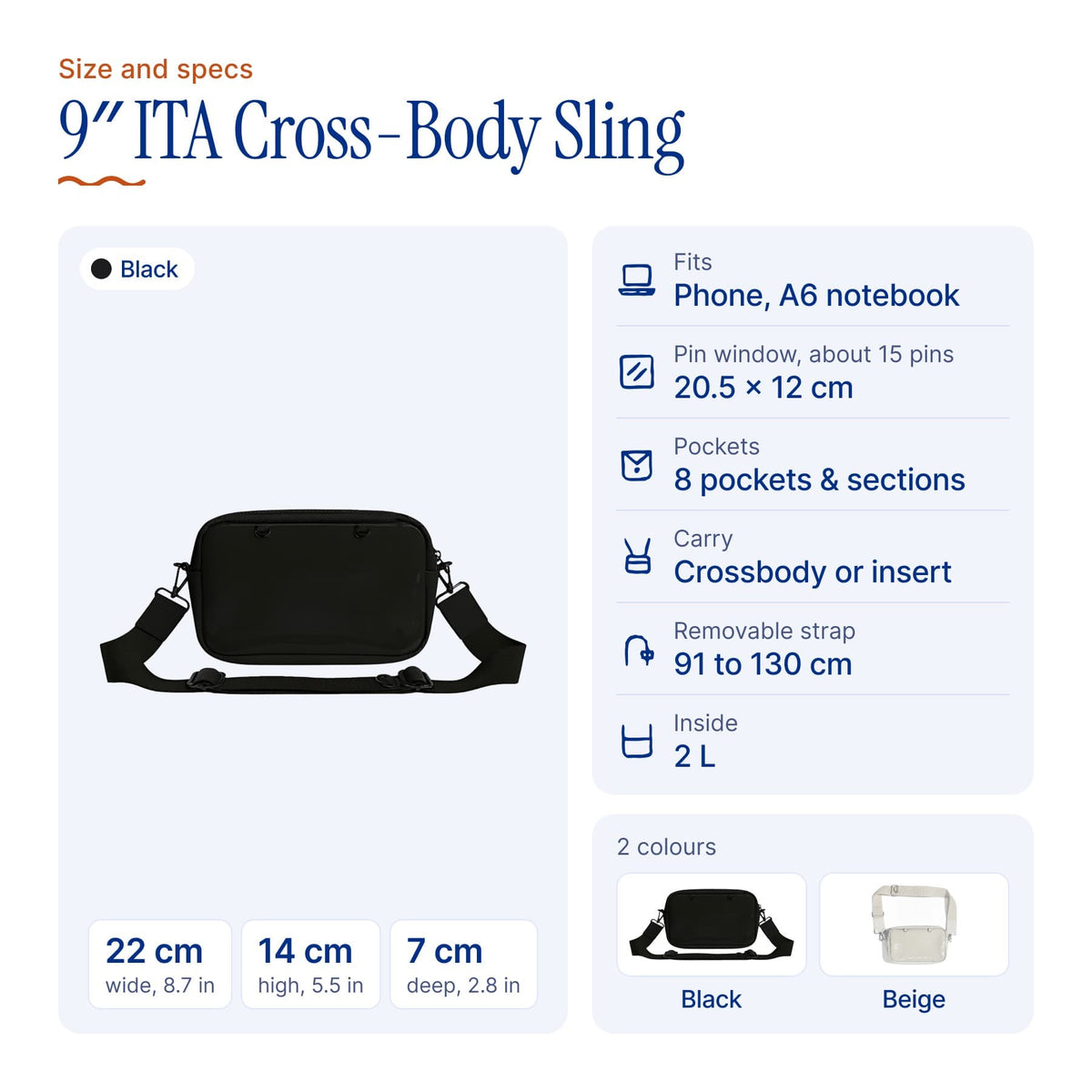 9" ITA Cross-Body Sling, size and specs
