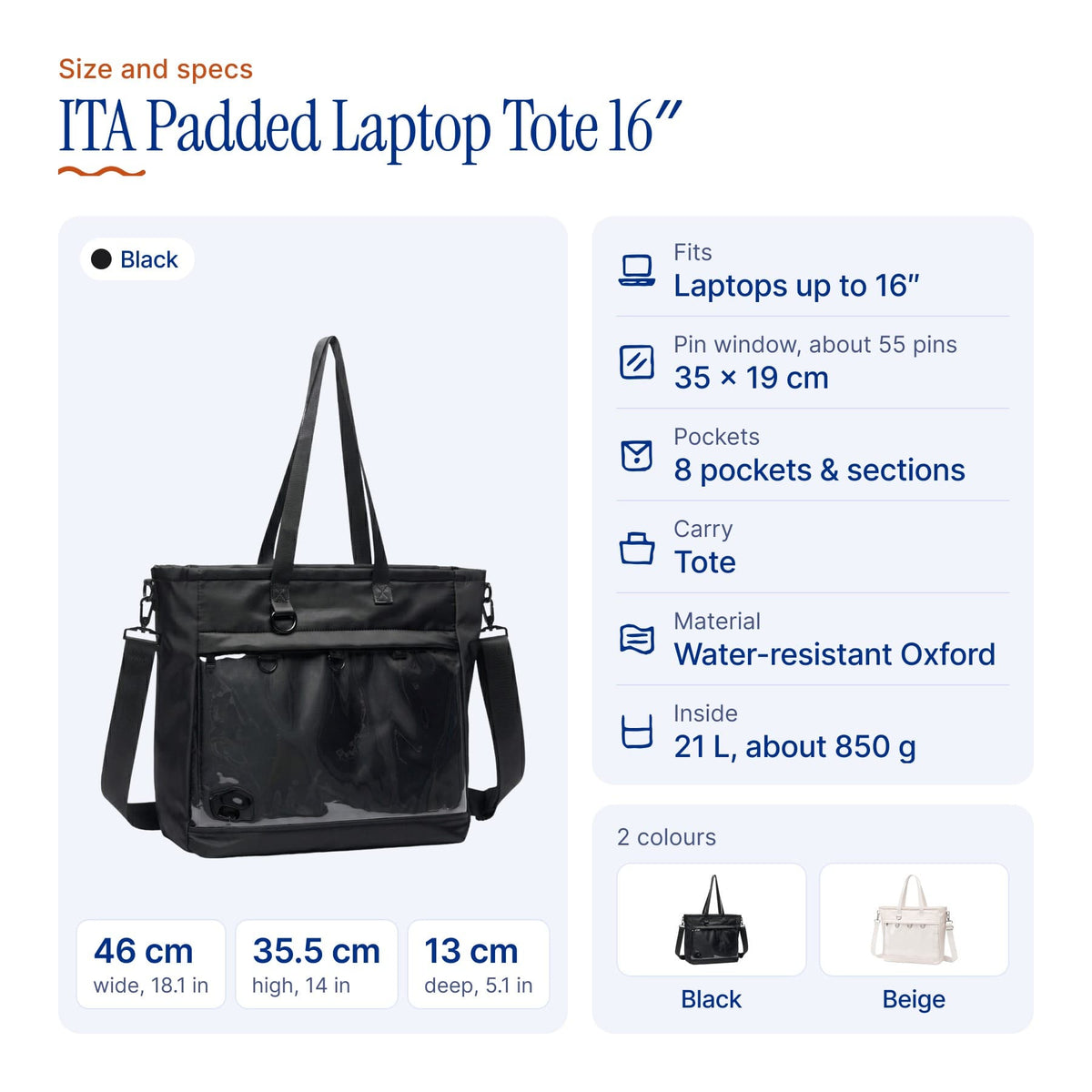 ITA Padded Laptop Tote 16", size and specs