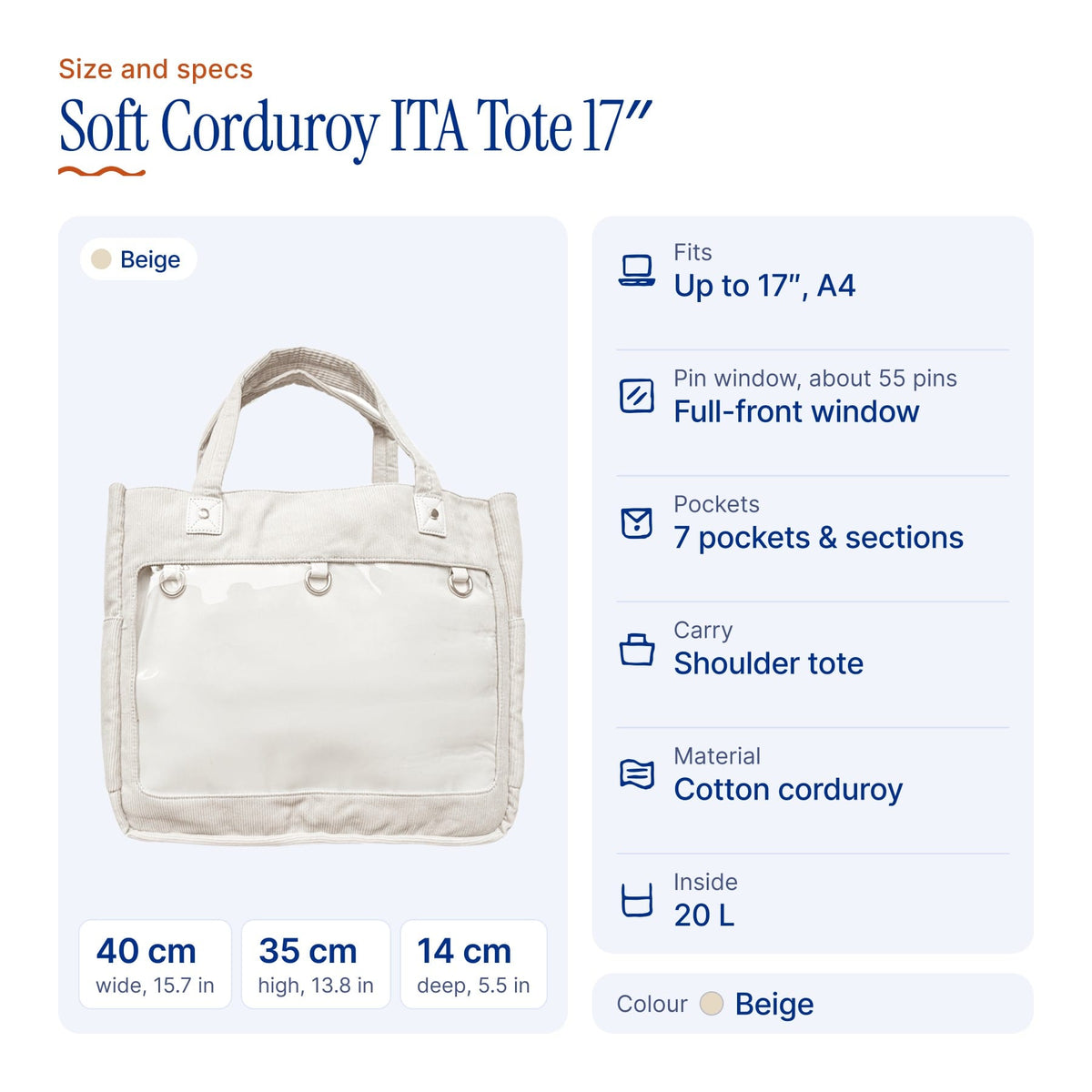 Soft Corduroy ITA Tote 17", size and specs