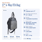 17" 4-Way Water-Resistant Durable ITA Bag (Backpack/Shoulder/Tote/Laptop bag), size and specs