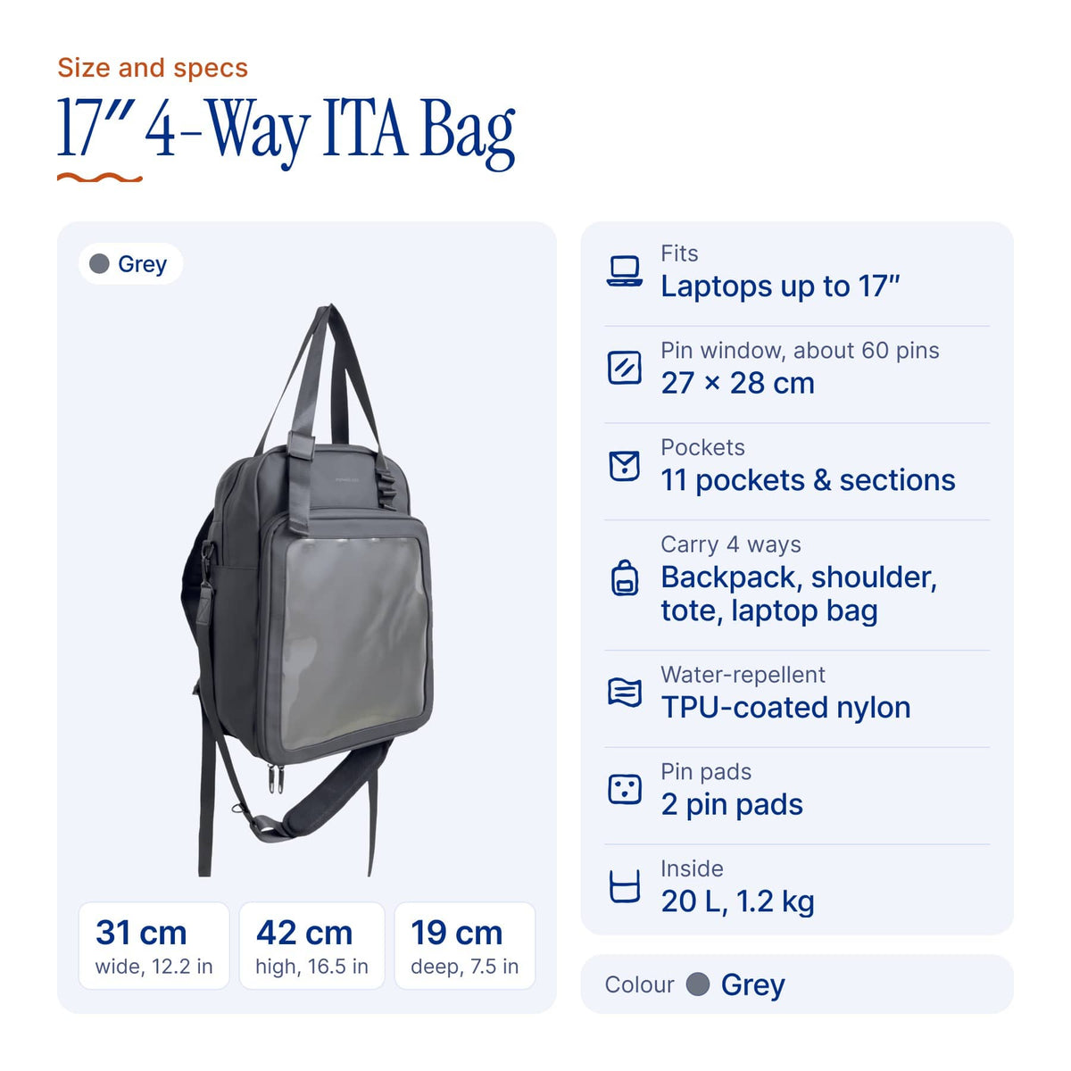 17" 4-Way Water-Resistant Durable ITA Bag (Backpack/Shoulder/Tote/Laptop bag), size and specs
