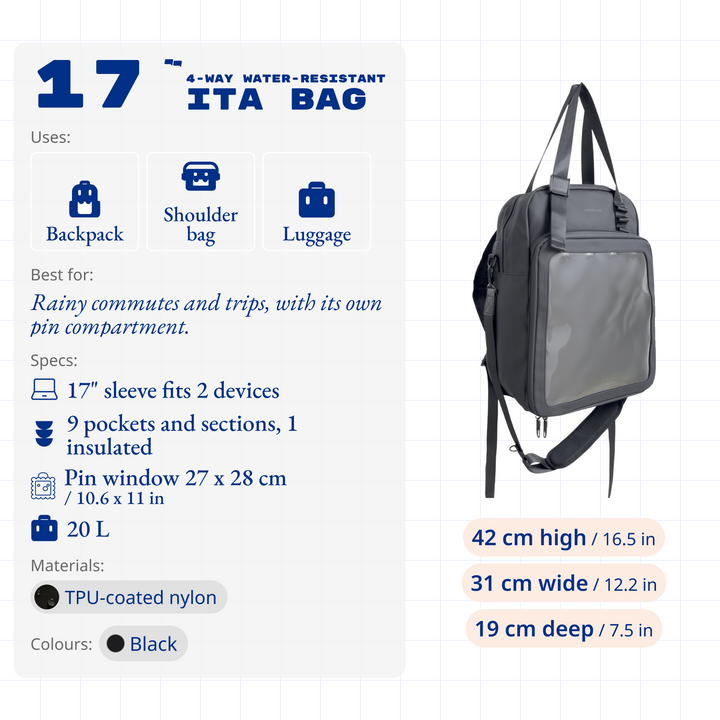 17" 4-Way Water-Resistant Durable ITA Bag (Backpack/Shoulder/Tote/Laptop bag), size and specs