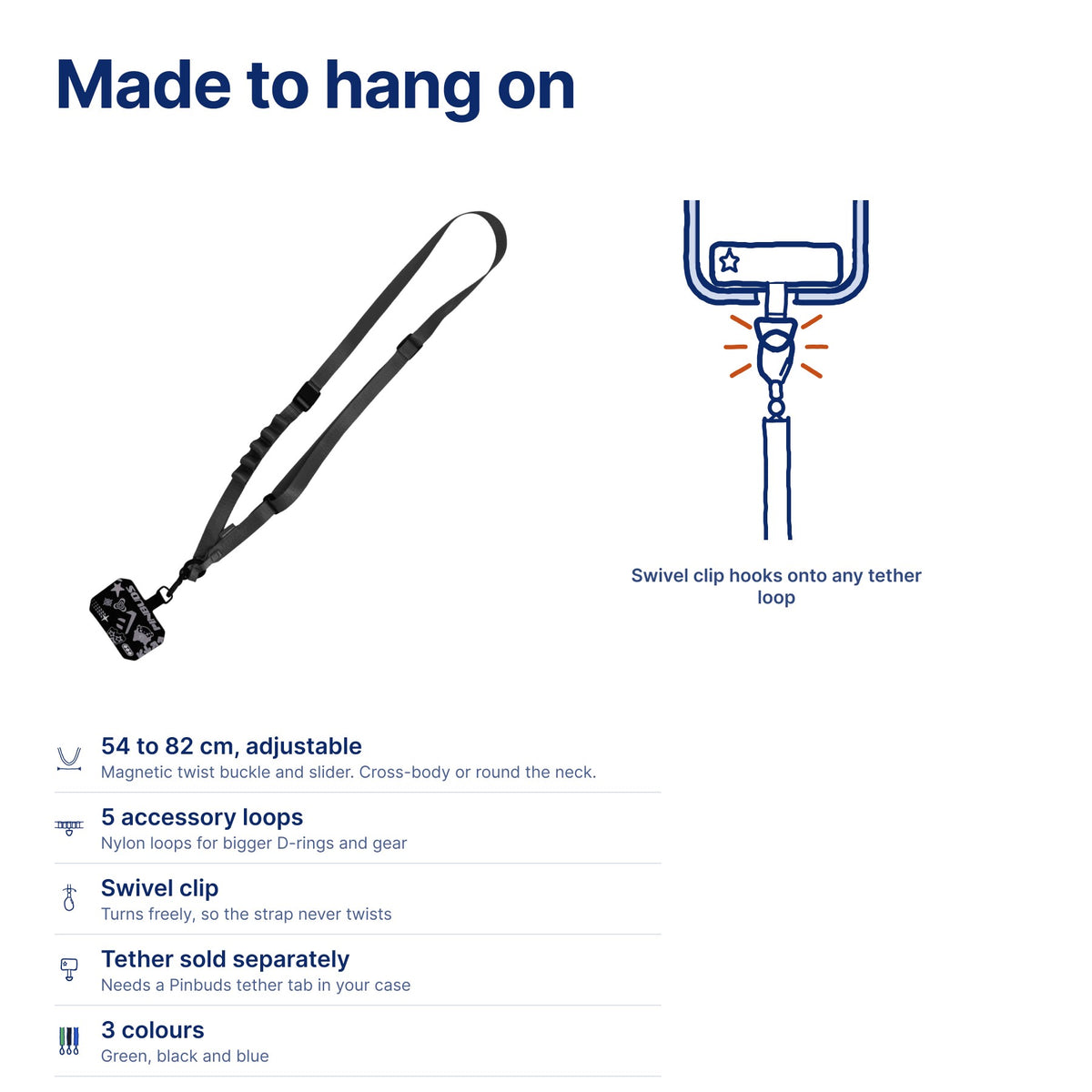 Cross-Body Phone Lanyard Strap by Pinbuds, size and specs