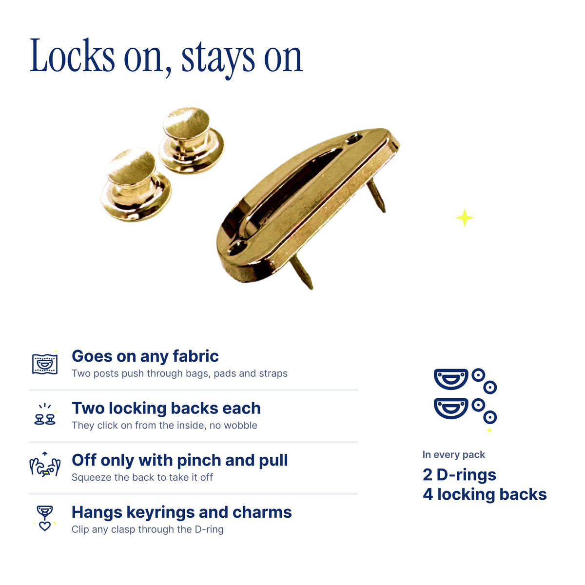 D-Ring Pins (2-Pack) by Pinbuds, specs: two locking backs, works on any fabric