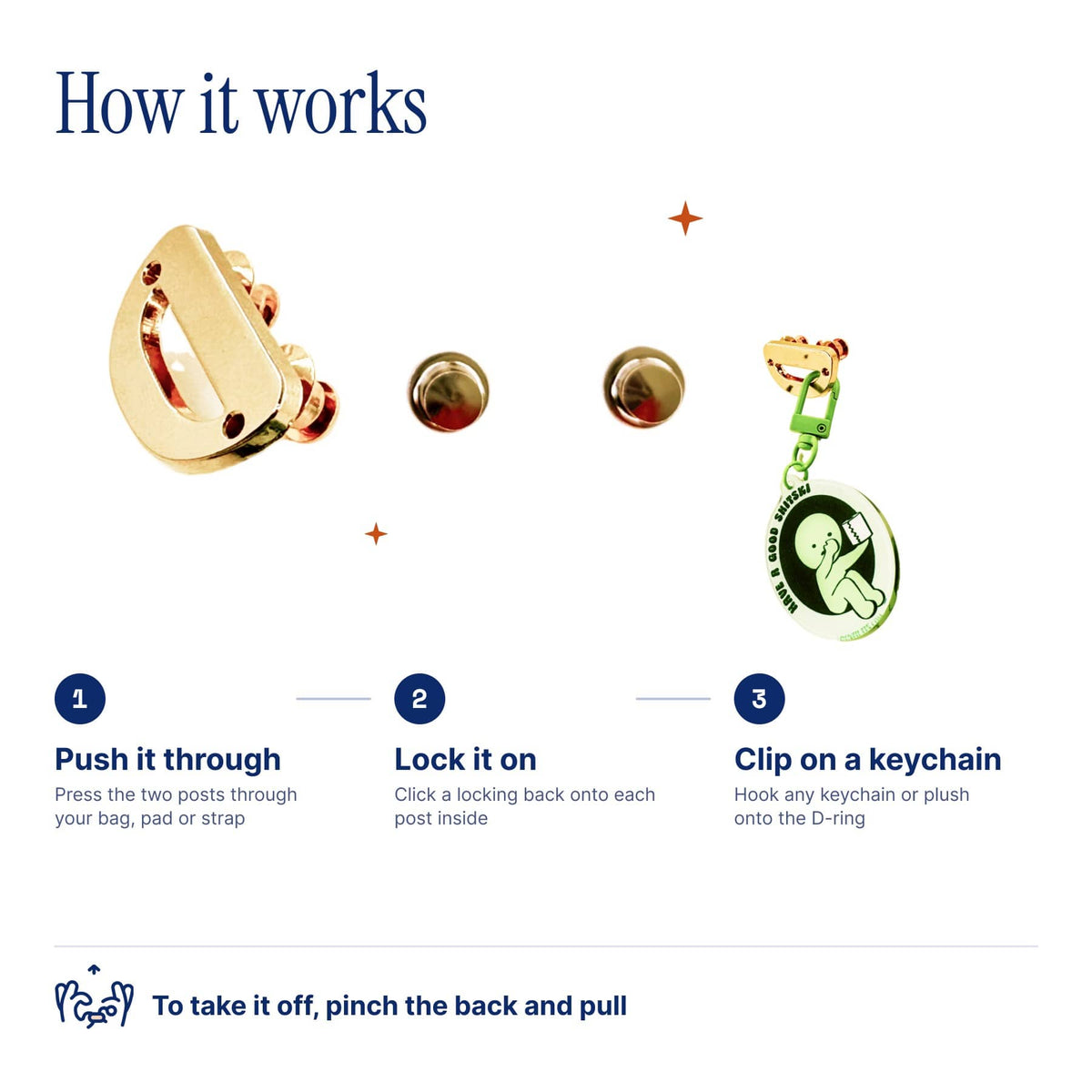 D-Ring Pins (2-Pack) by Pinbuds, how it works in three steps