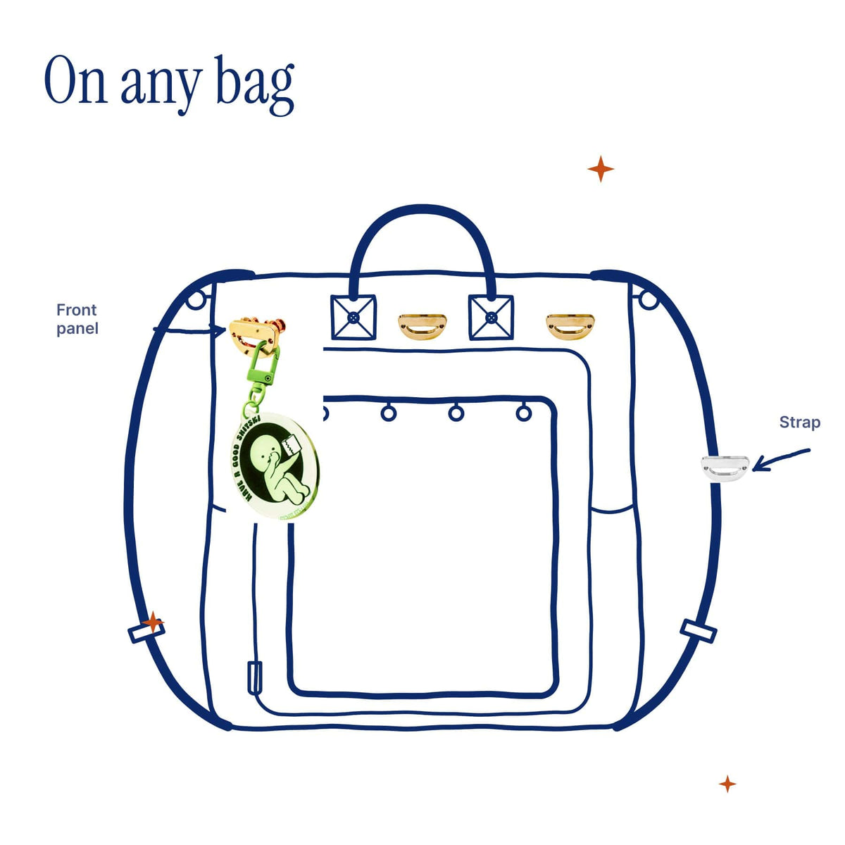 D-Ring Pins (2-Pack) by Pinbuds, on a bag front panel and strap