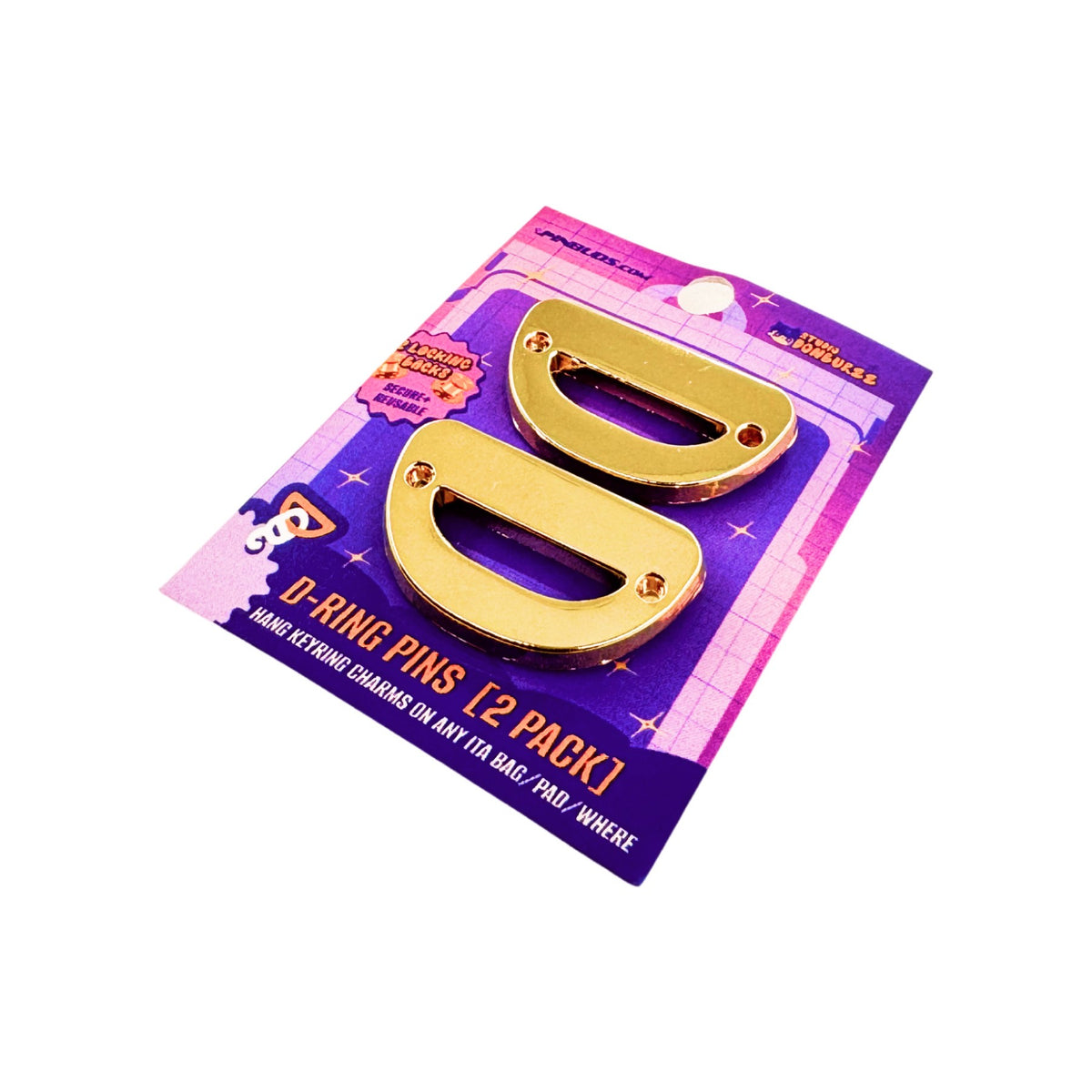 Gold Pin-On D-Rings (2-Pack) by Pinbuds, front view of the gold pair on the backing card