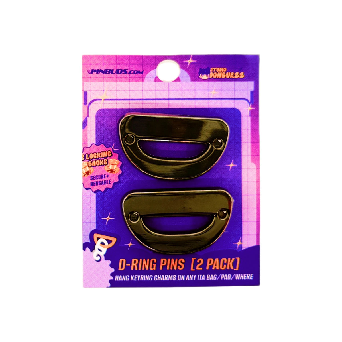 Black Pin-On D-Rings (2-Pack) by Pinbuds, front view of the black pair on the backing card