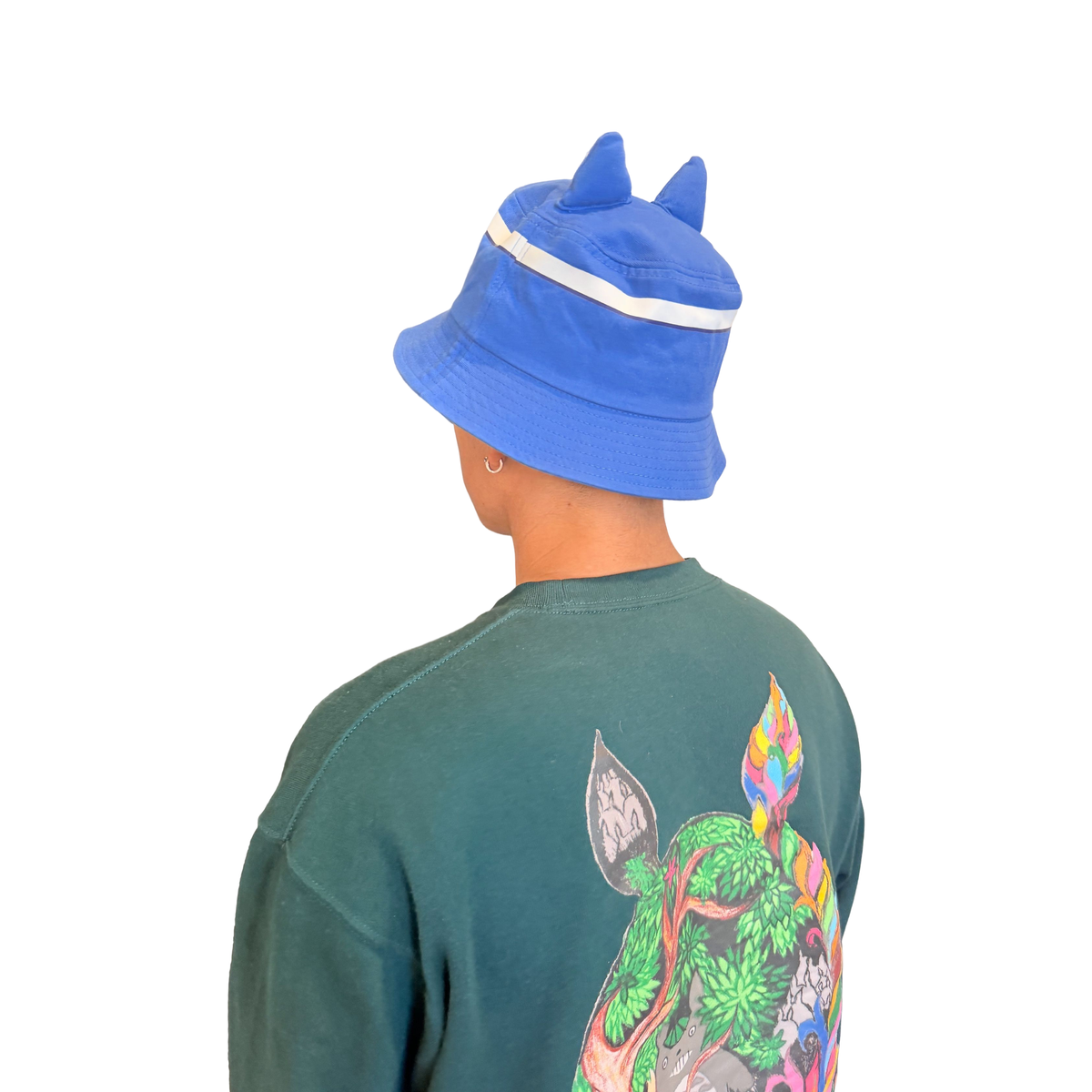 Maneki Blue Cat Bucket Hat worn, seen from behind