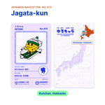 Jagata-kun backing card with the real enamel pin, and a map of Japan with Shiribeshi in Hokkaido highlighted