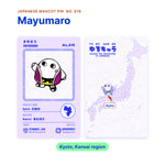 Mayumaro backing card with the real enamel pin, and a map of Japan with Kyoto highlighted