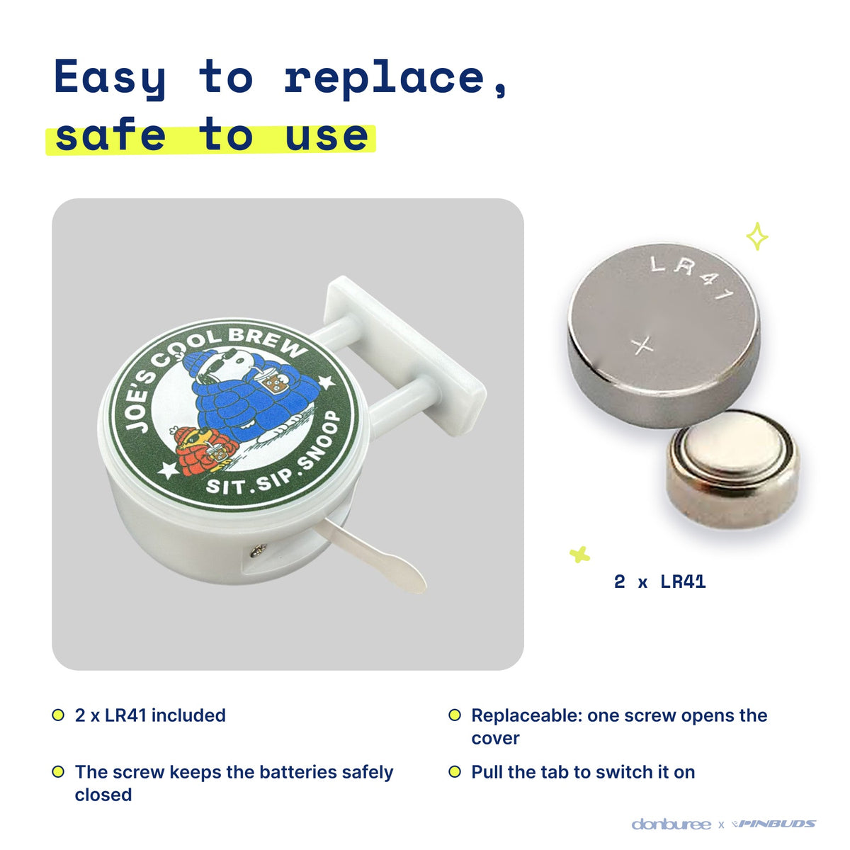 Joe's Cool Brew Magnet Light by Donburee x Pinbuds, easy to replace and safe to use battery