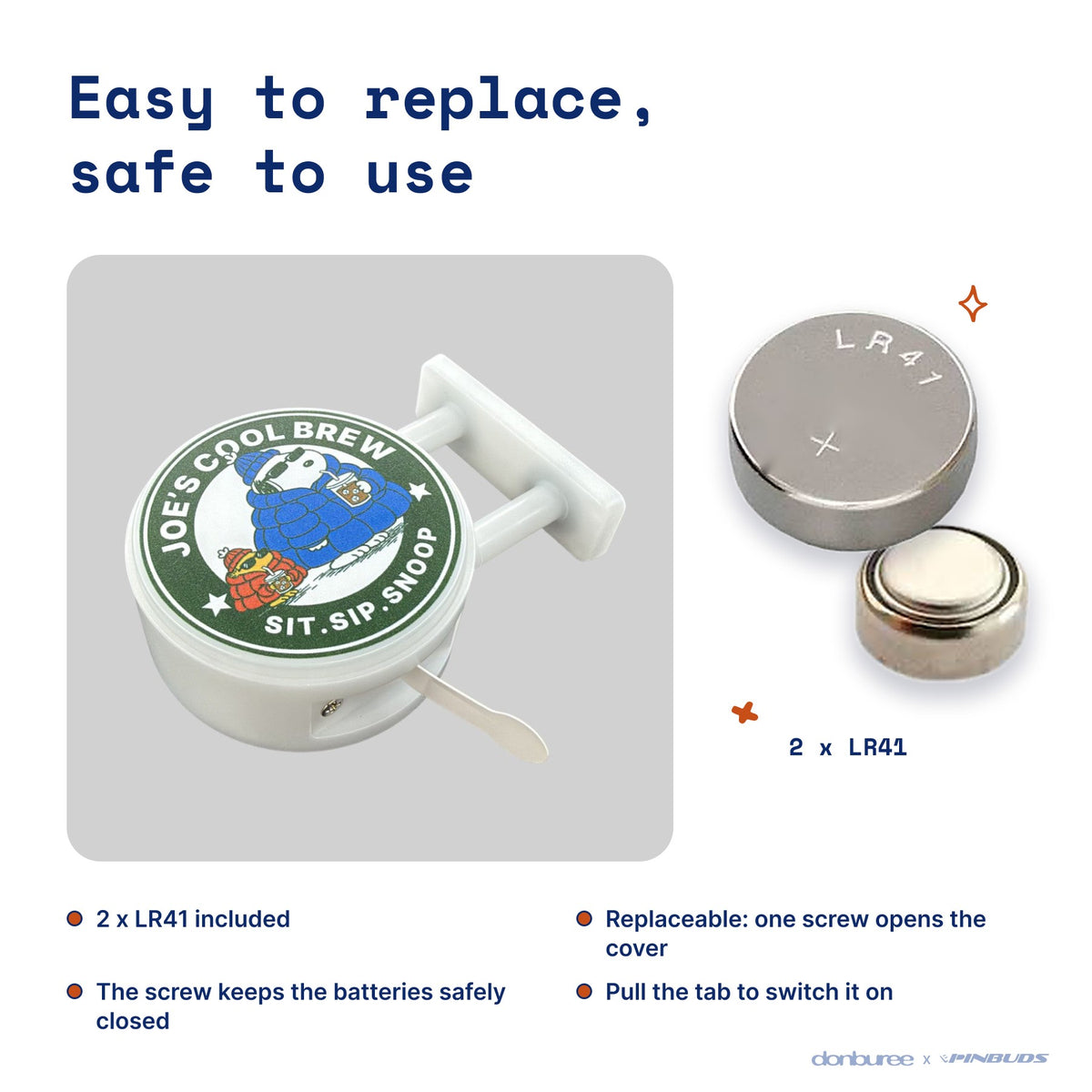Joe's Cool Brew Magnet Light by Donburee x Pinbuds, easy to replace and safe to use battery