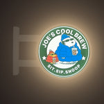 Joe's Cool Brew Magnet Light by Pinbuds, lit up in the dark