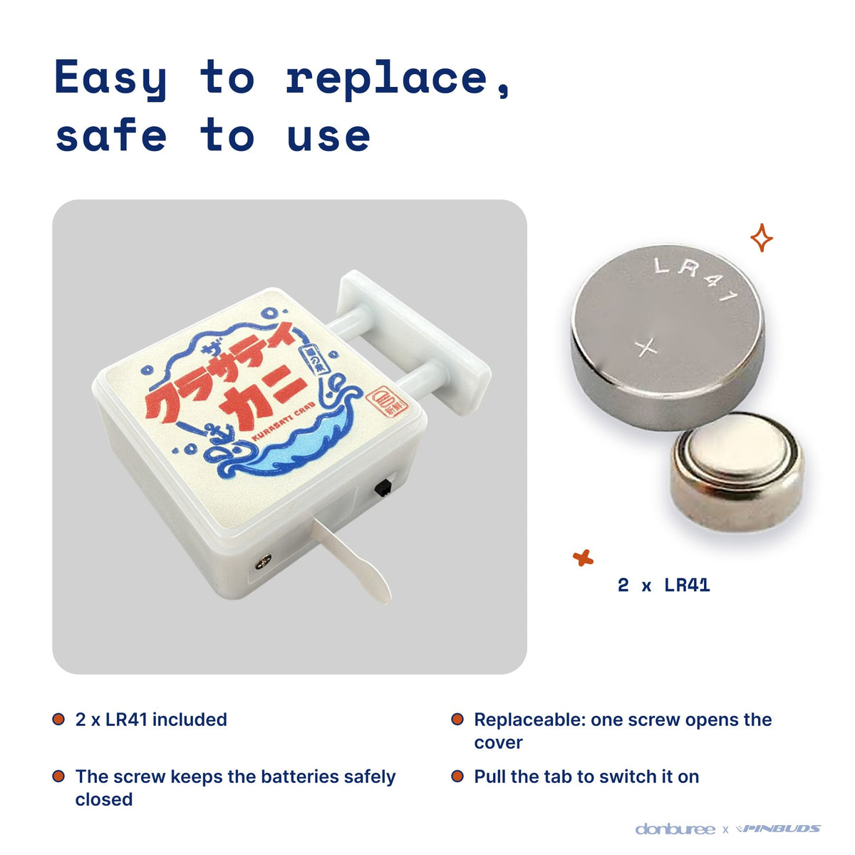 Kurasati Krab Magnet Light by Donburee x Pinbuds, easy to replace and safe to use battery