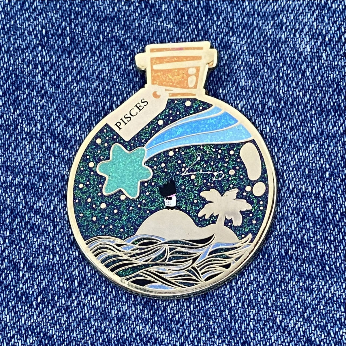 Pisces Wishing Animal enamel pin, glitter