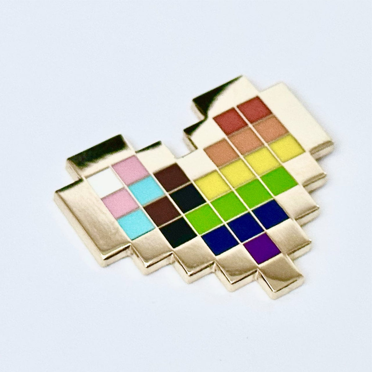 Rainbow Pixel Heart enamel pin, gold plating