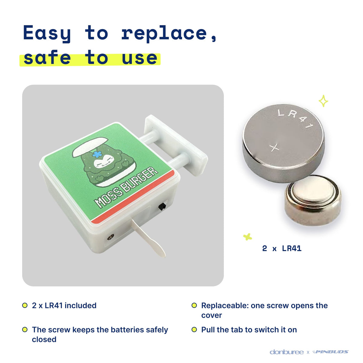 Moss Burger Magnet Light by Donburee x Pinbuds, easy to replace and safe to use battery
