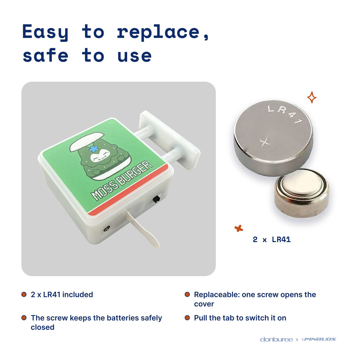 Moss Burger Magnet Light by Donburee x Pinbuds, easy to replace and safe to use battery