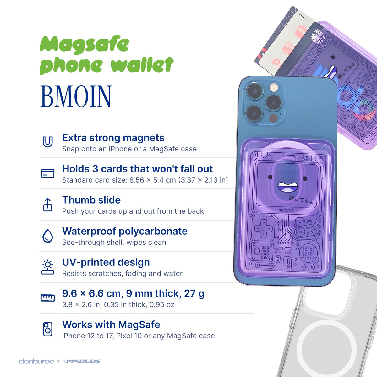BMOINE MagSafe Phone Wallet by Donburee x Pinbuds, size and spec details