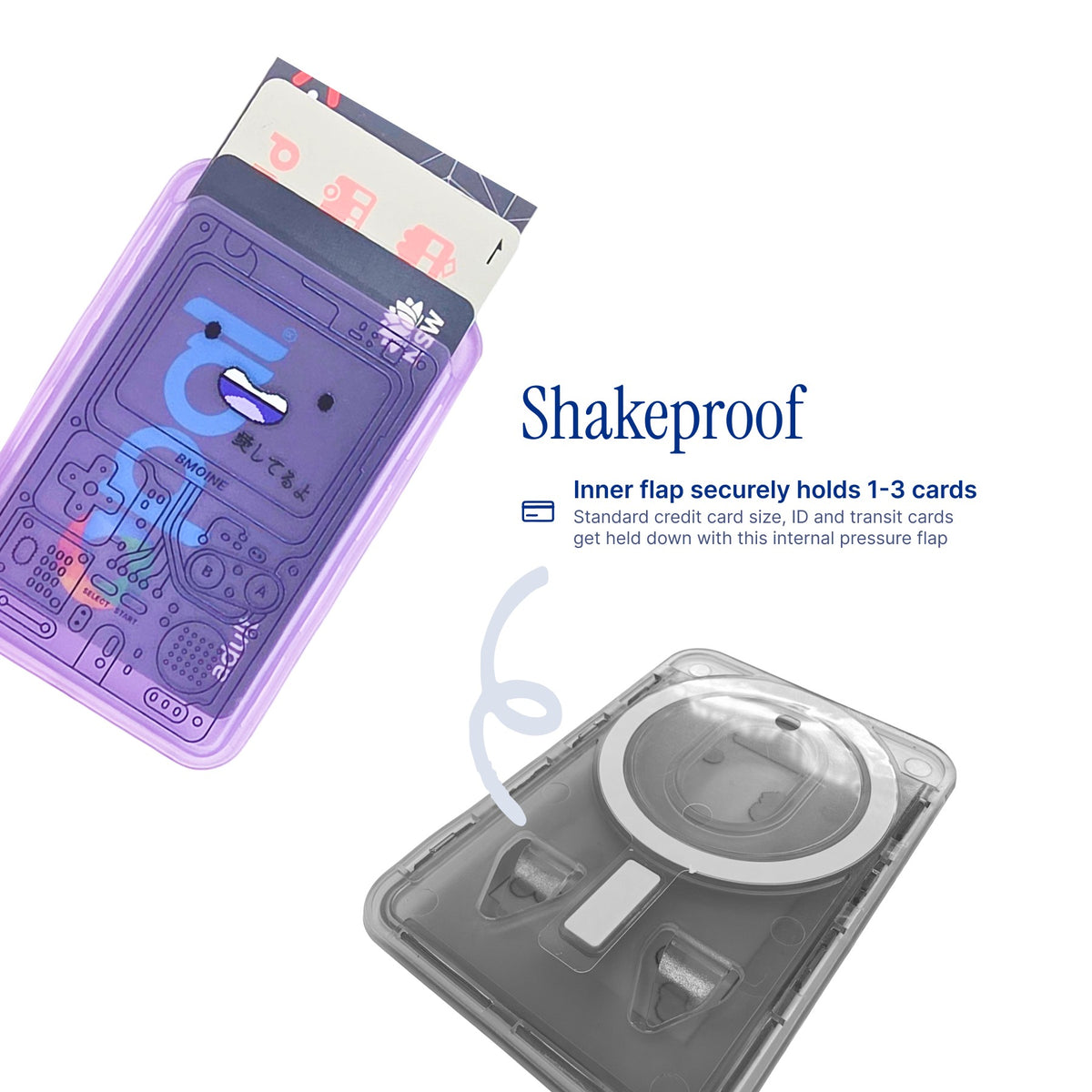 BMOINE MagSafe Phone Wallet by Donburee x Pinbuds, shake test showing it stays put