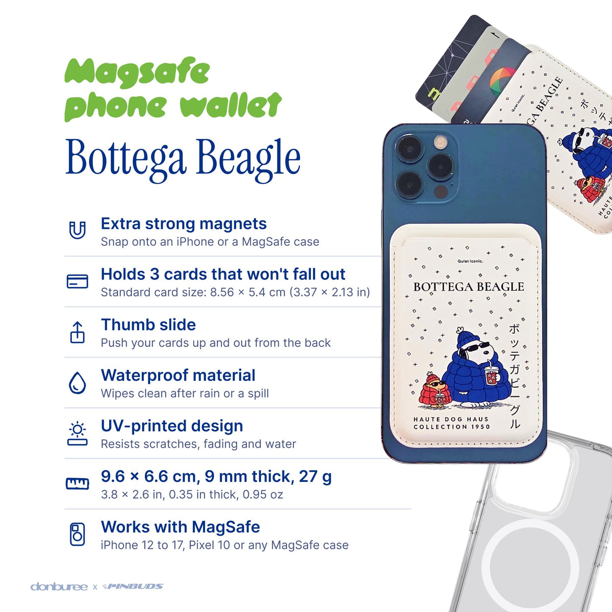 Bottega Beagle MagSafe Phone Wallet by Donburee x Pinbuds, size and spec details