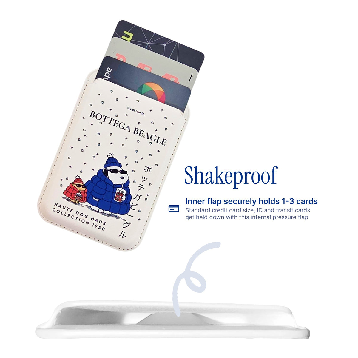 Bottega Beagle MagSafe Phone Wallet by Donburee x Pinbuds, shake test showing it stays put